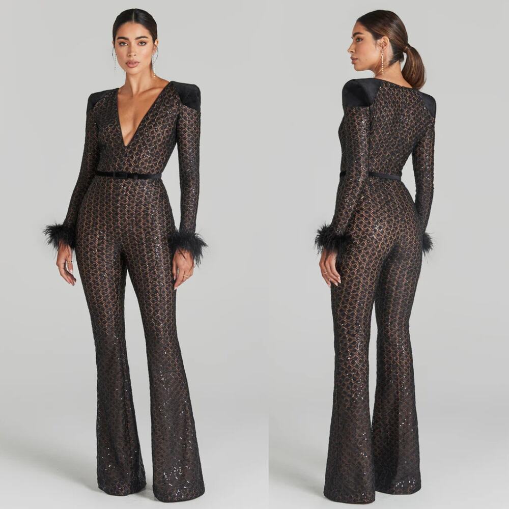 Nadine‎ Merabi Rachel Black Lace Feather Trim Plunge V-Neck Jumpsuit 0 NWT